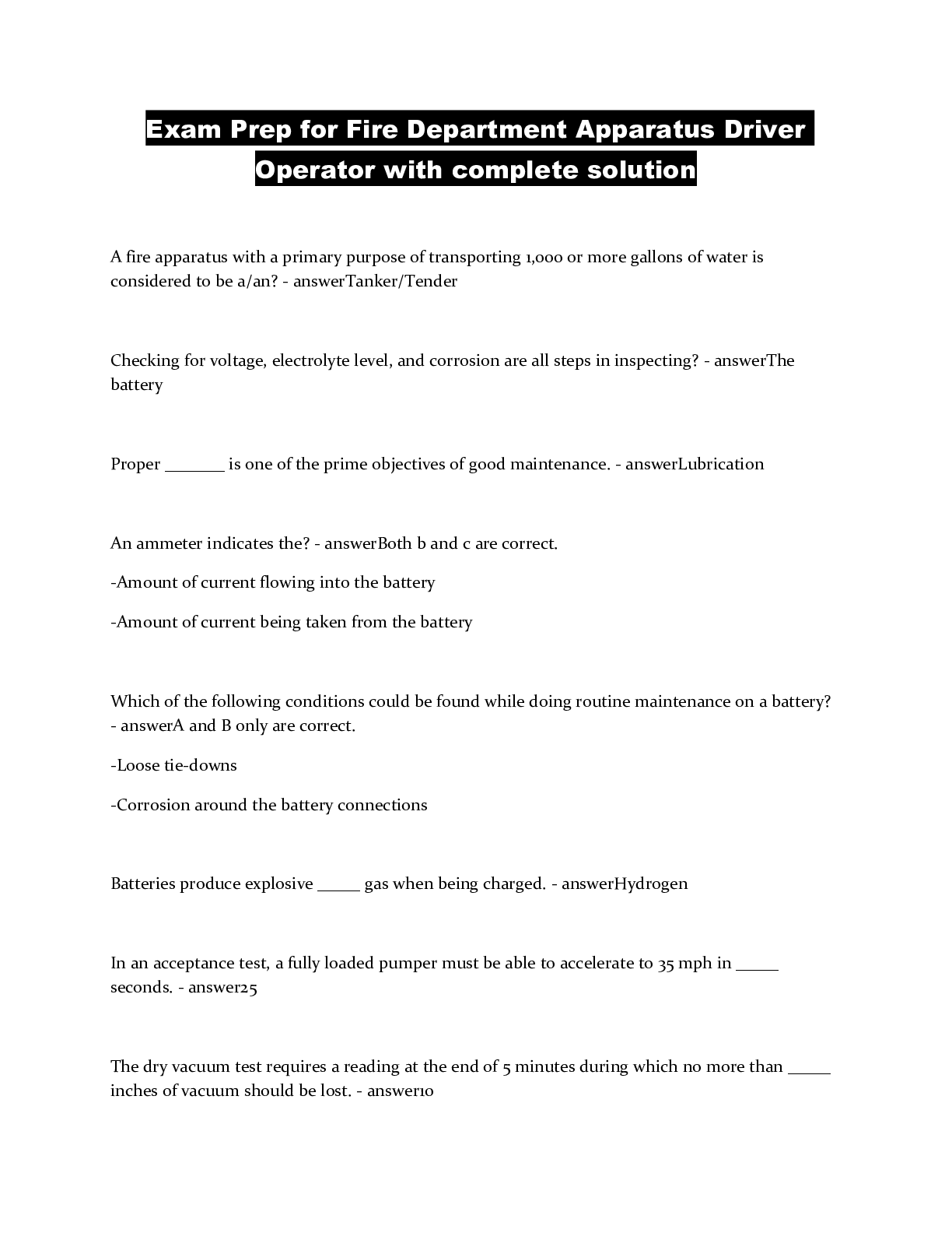 Preview image of Exam Prep for Fire Department Apparatus Driver Operator with complete solution document